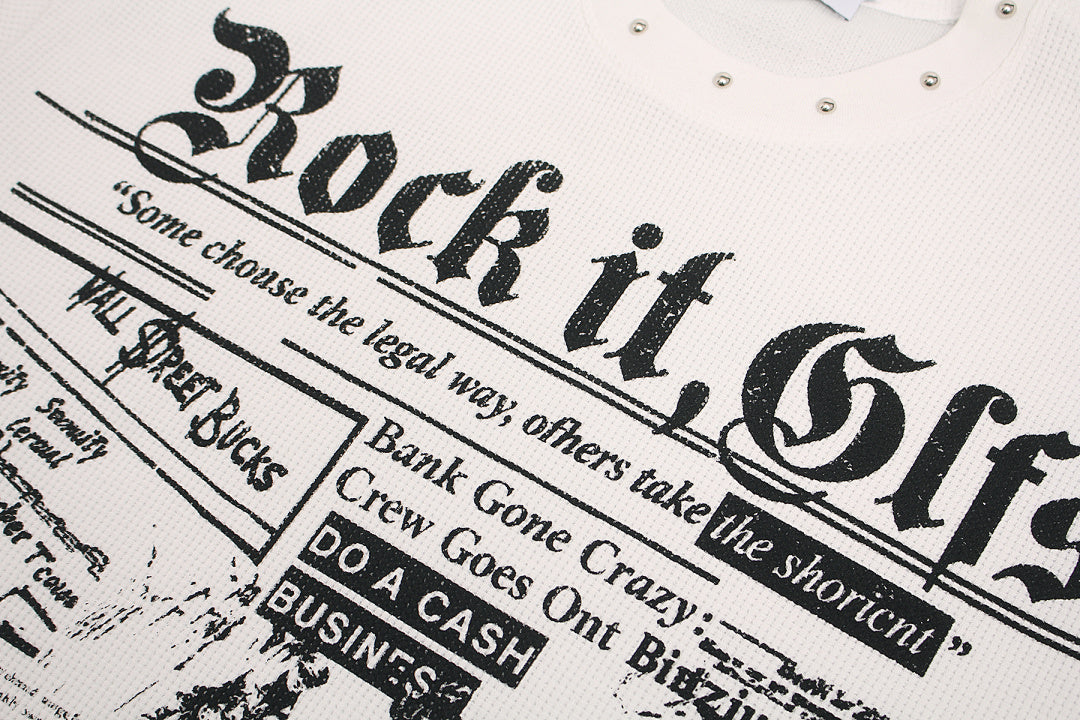 Oversized Newspaper Print Grommet Detail T-Shirt - OMYGOODS