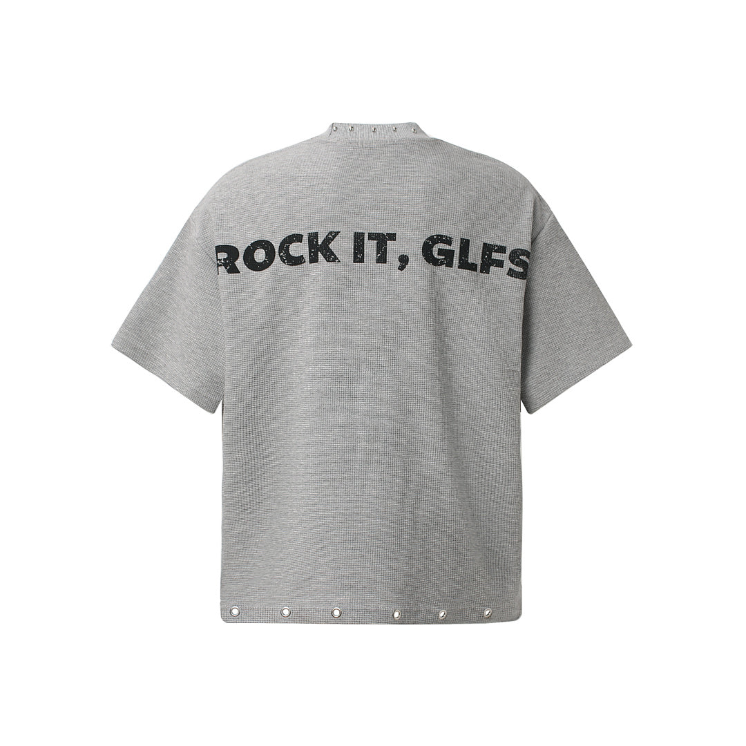 Oversized Newspaper Print Grommet Detail T-Shirt - OMYGOODS