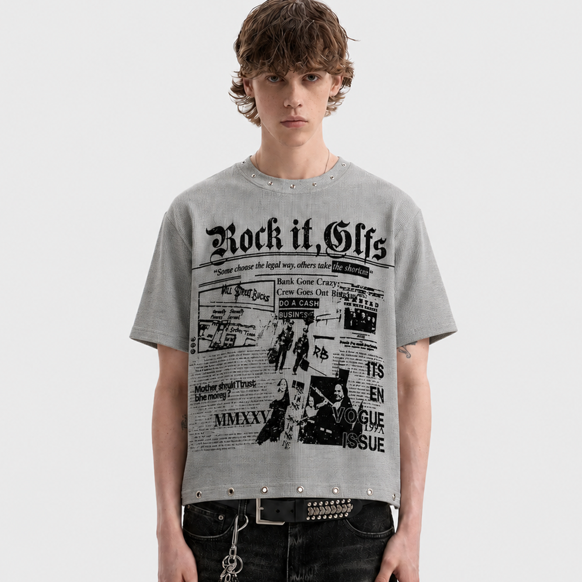 Oversized Newspaper Print Grommet Detail T-Shirt - OMYGOODS