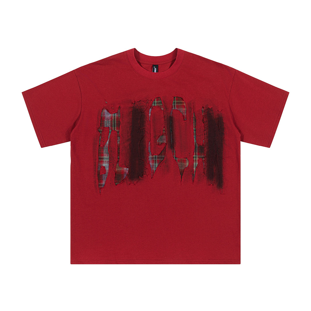 Oversized Plaid Patchwork Distressed T-Shirt for Effortless Style - OMYGOODS