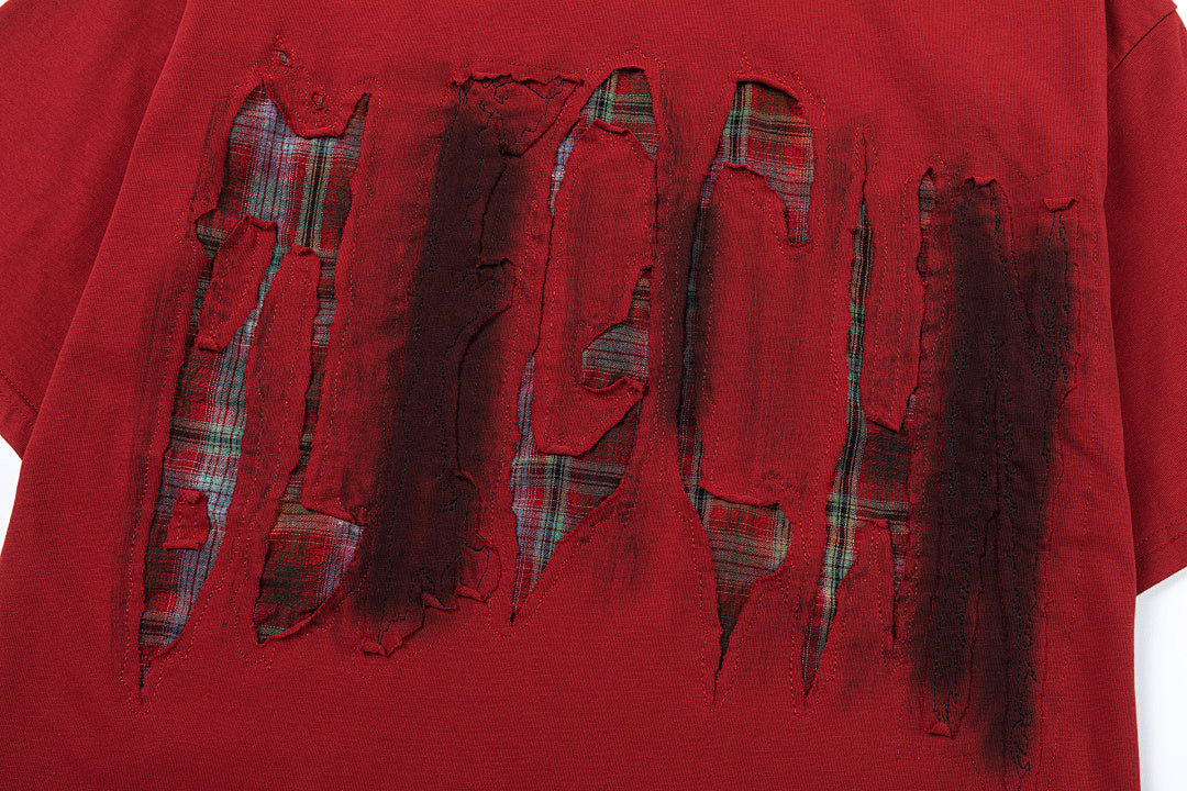 Oversized Plaid Patchwork Distressed T-Shirt for Effortless Style - OMYGOODS