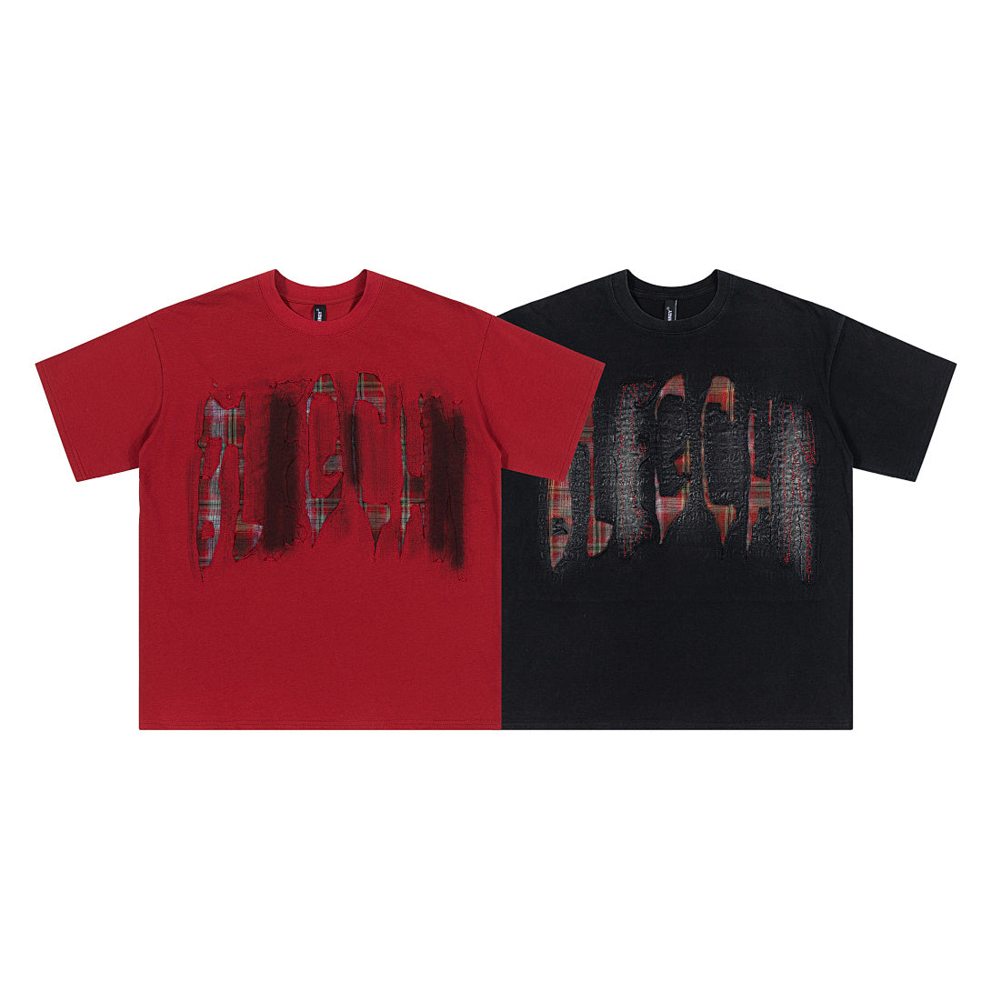 Oversized Plaid Patchwork Distressed T-Shirt for Effortless Style - OMYGOODS