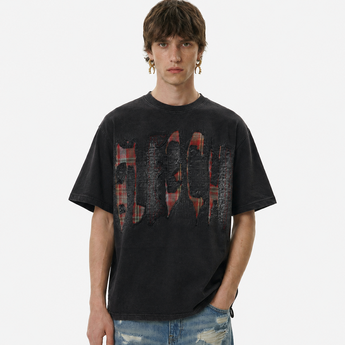Oversized Plaid Patchwork Distressed T-Shirt for Effortless Style - OMYGOODS
