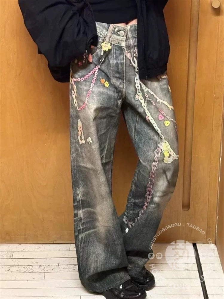 Pastel Chain Print | Denim Jeans - OMYGOODS