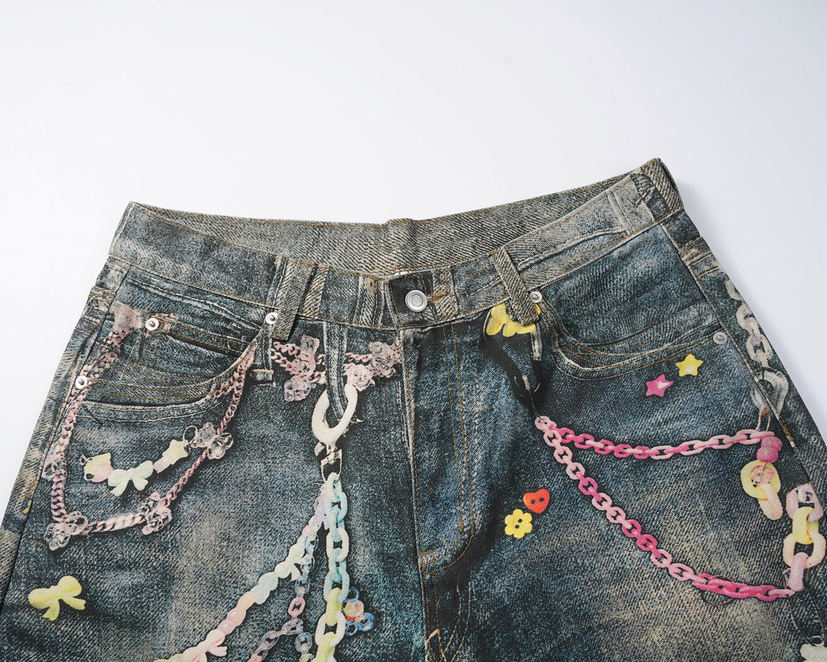 Pastel Chain Print | Denim Jeans - OMYGOODS