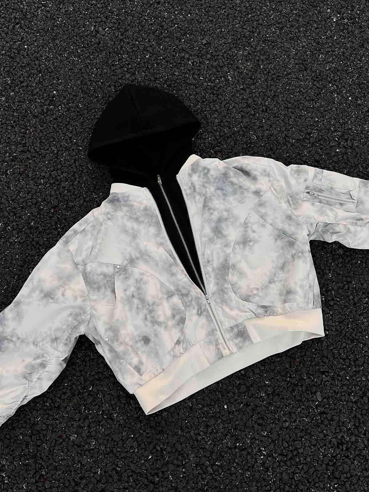 Omygoods Patchwork Faux Two-Piece Gradient Hooded Bomber Jacket