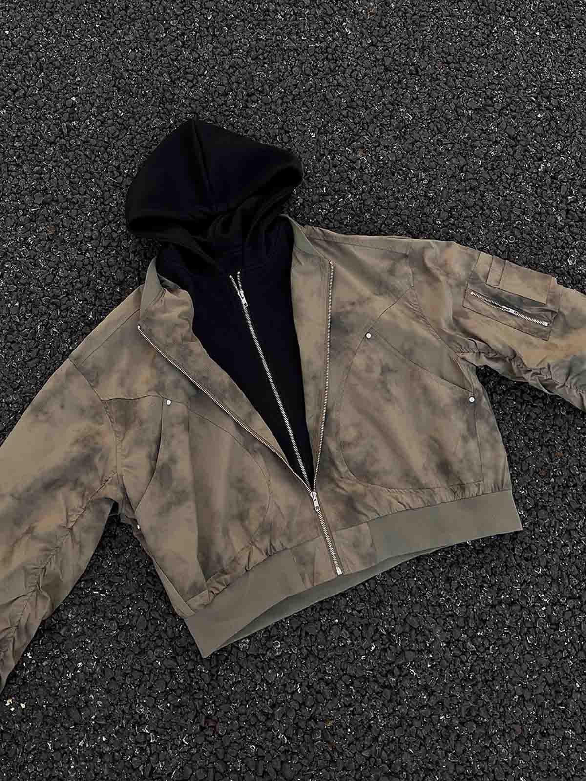 Omygoods Patchwork Faux Two-Piece Gradient Hooded Bomber Jacket