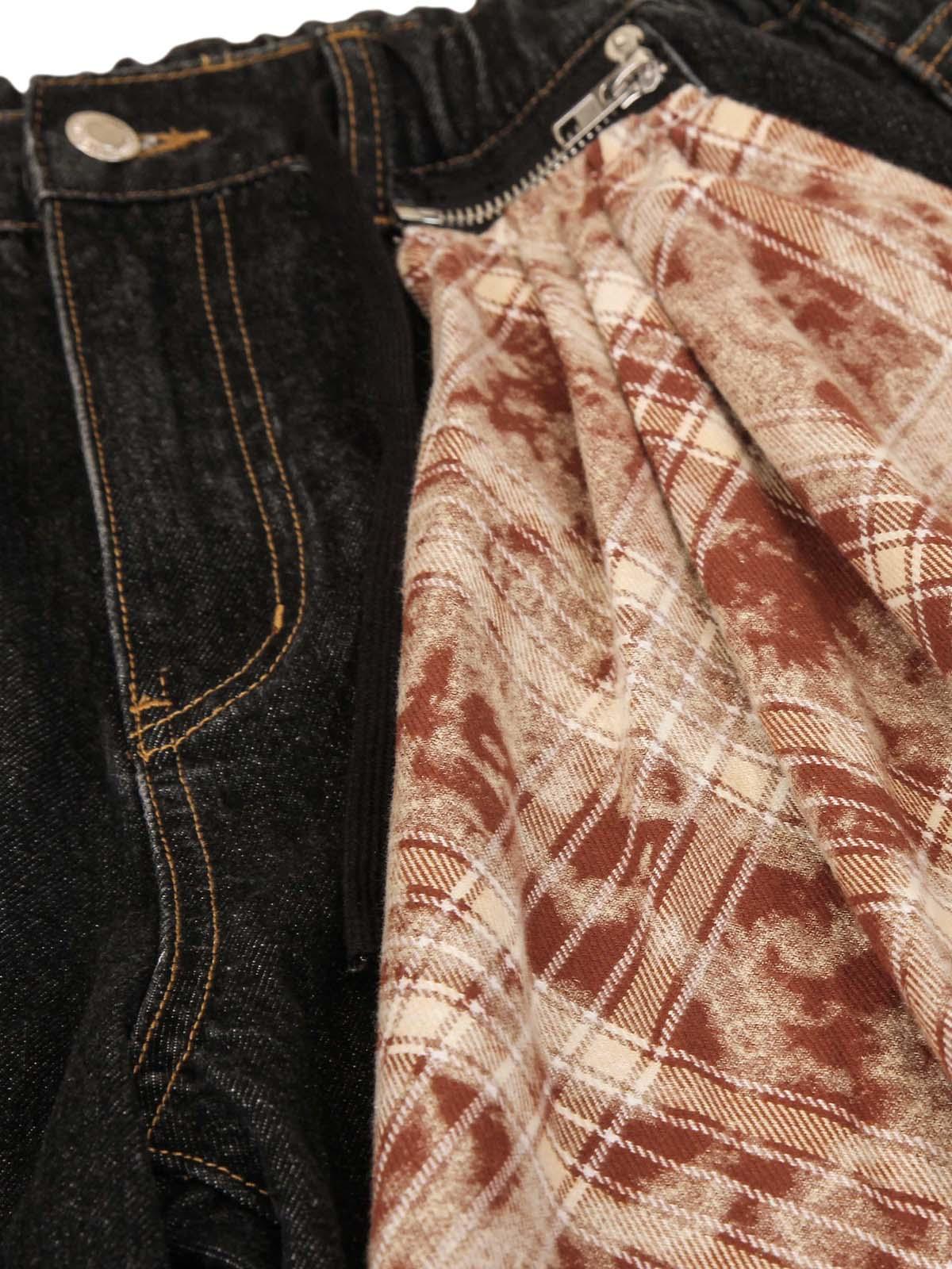 Omygoods Patchwork Plaid Pleated Baggy Barrel Jeans