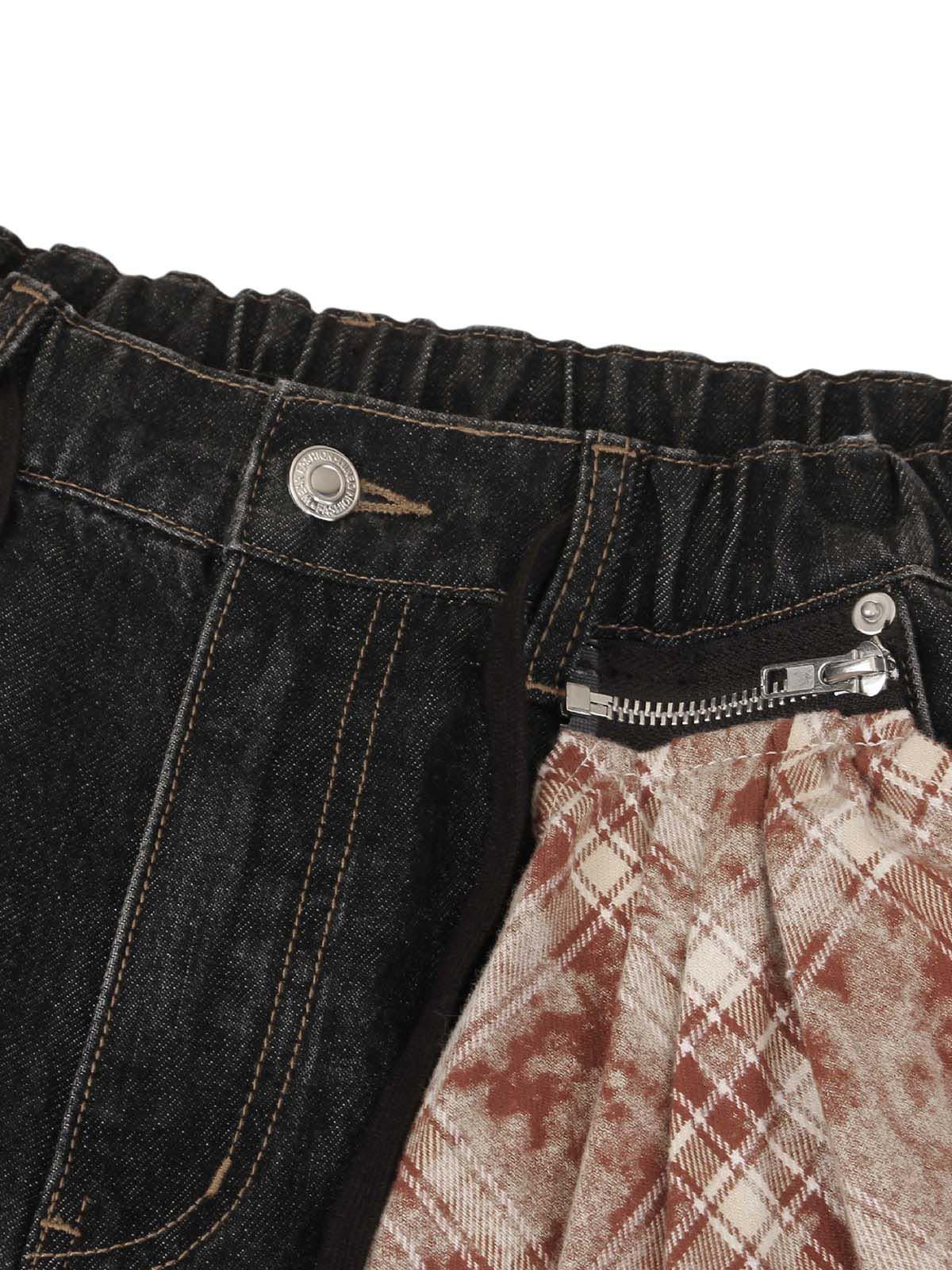 Omygoods Patchwork Plaid Pleated Baggy Barrel Jeans