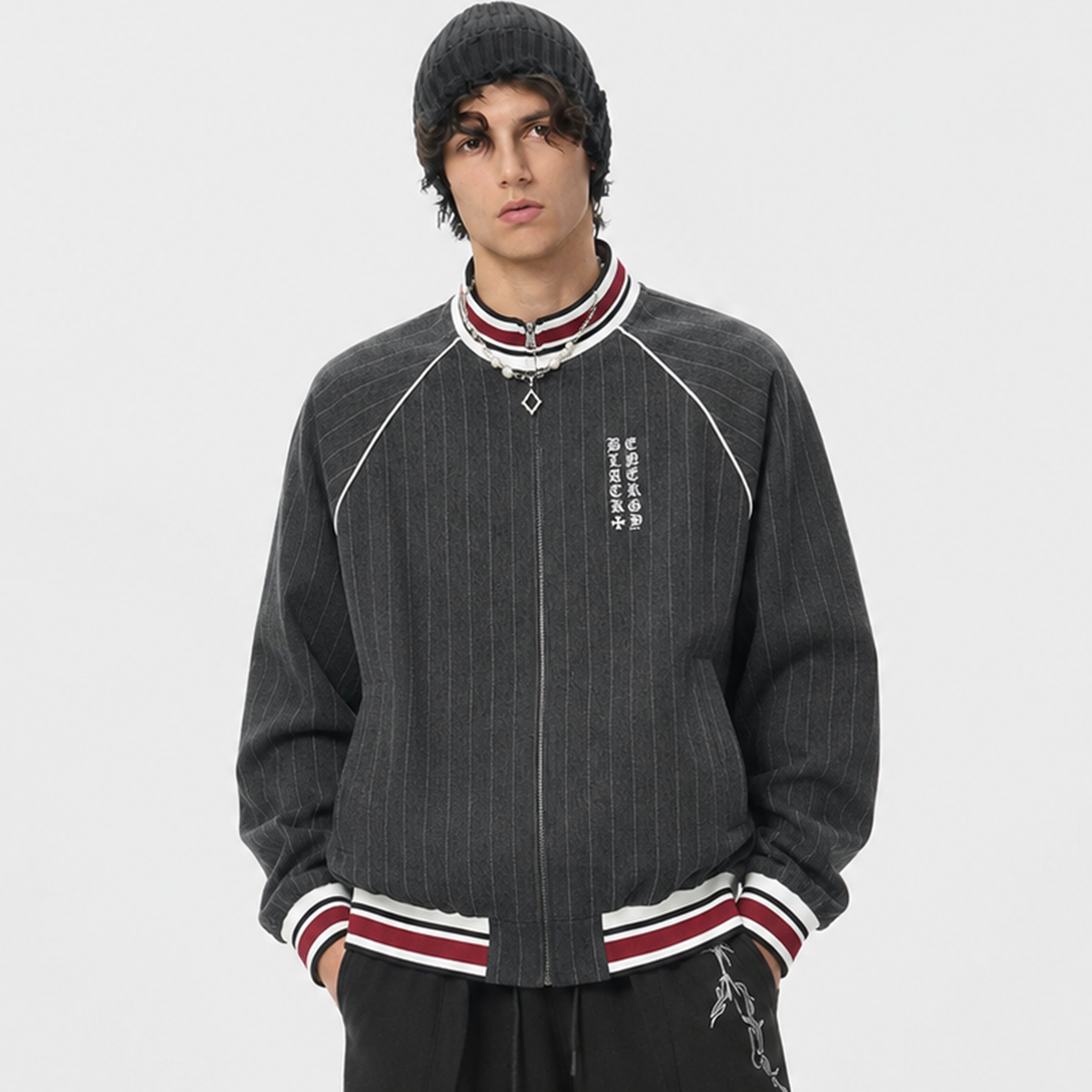 Pinstripe Vertical Embroidery Track Jacket - OMYGOODS
