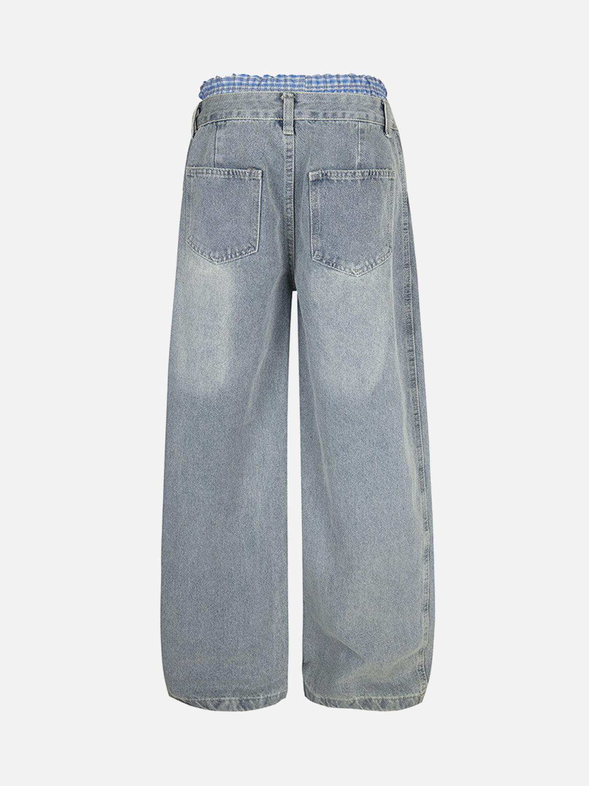 Omygoods Plaid Double Waist Baggy Jeans