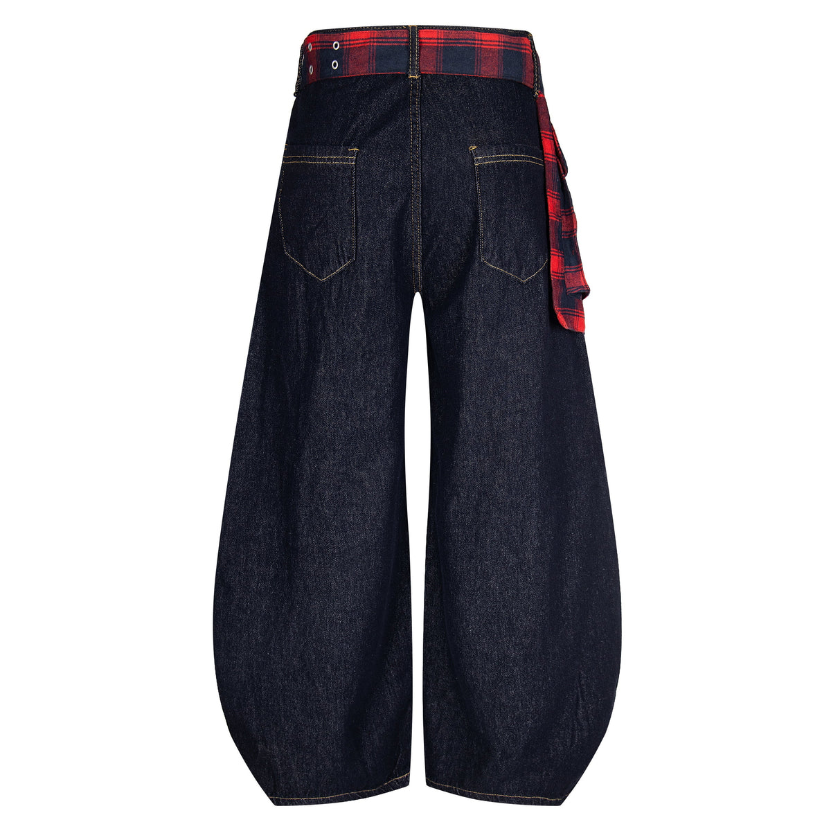 Plaid Reign | Wide-Leg Denim Trousers with Flannel Accent - OMYGOODS