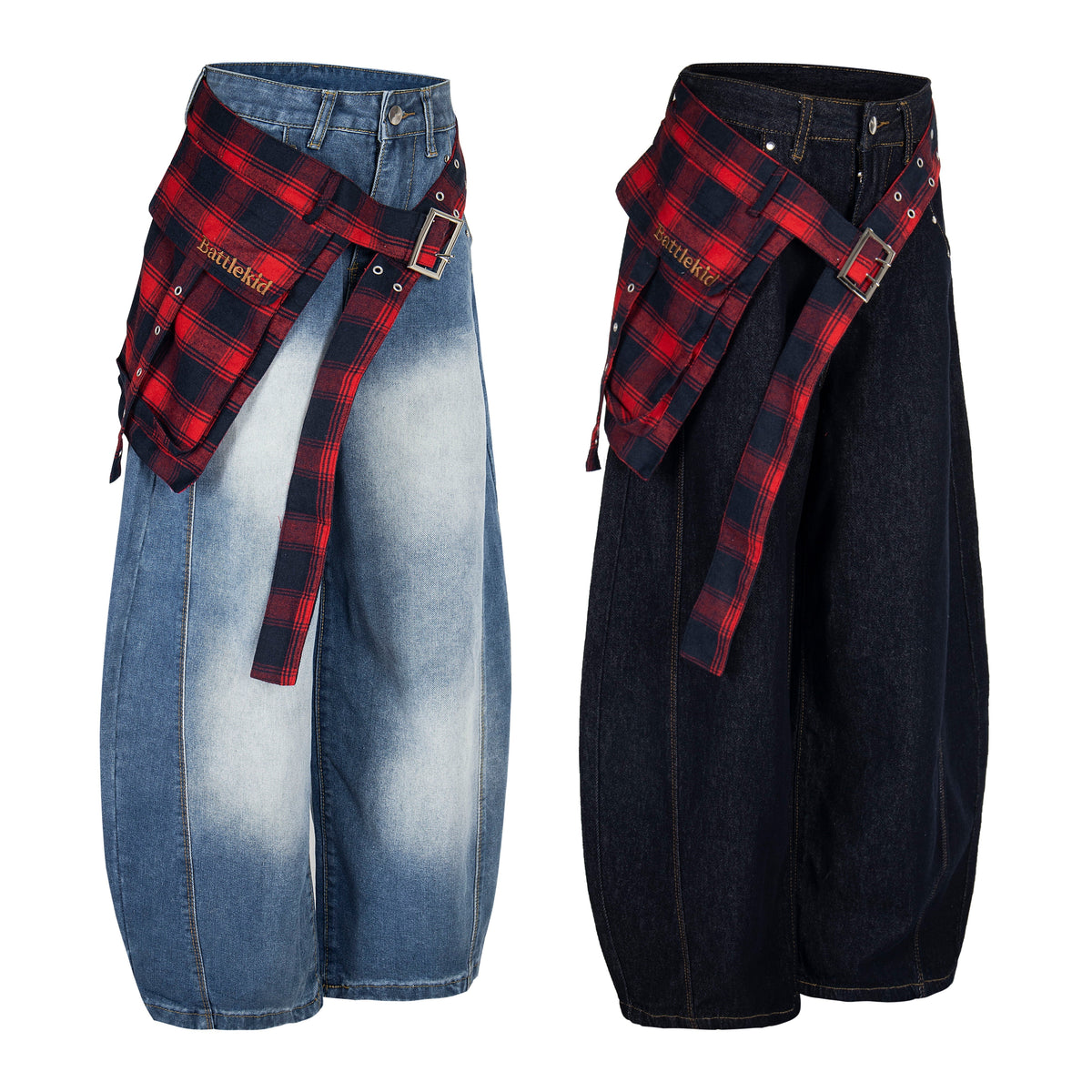Plaid Reign | Wide-Leg Denim Trousers with Flannel Accent - OMYGOODS