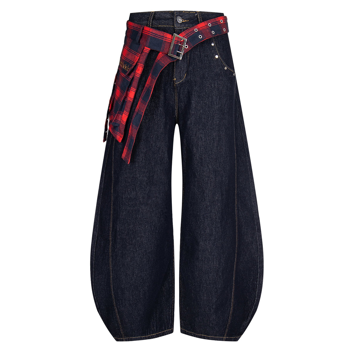 Plaid Reign | Wide-Leg Denim Trousers with Flannel Accent - OMYGOODS