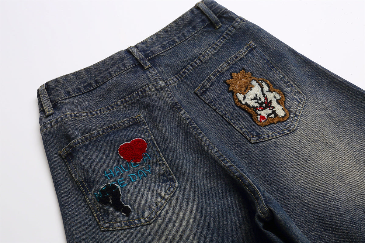 Retro Cartoon Graphic Heavy Embroidery Barrel Jeans - OMYGOODS