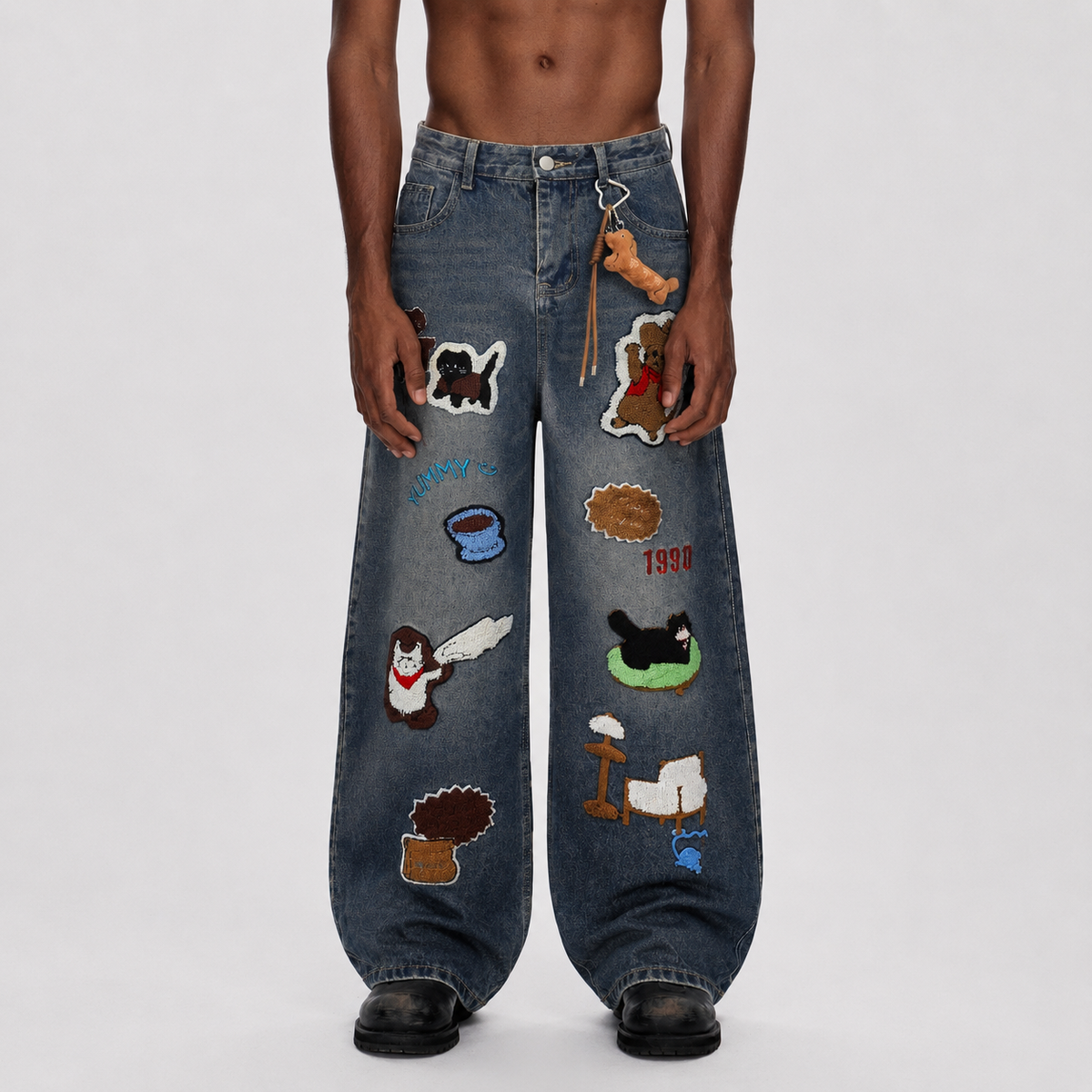 Retro Cartoon Graphic Heavy Embroidery Barrel Jeans - OMYGOODS