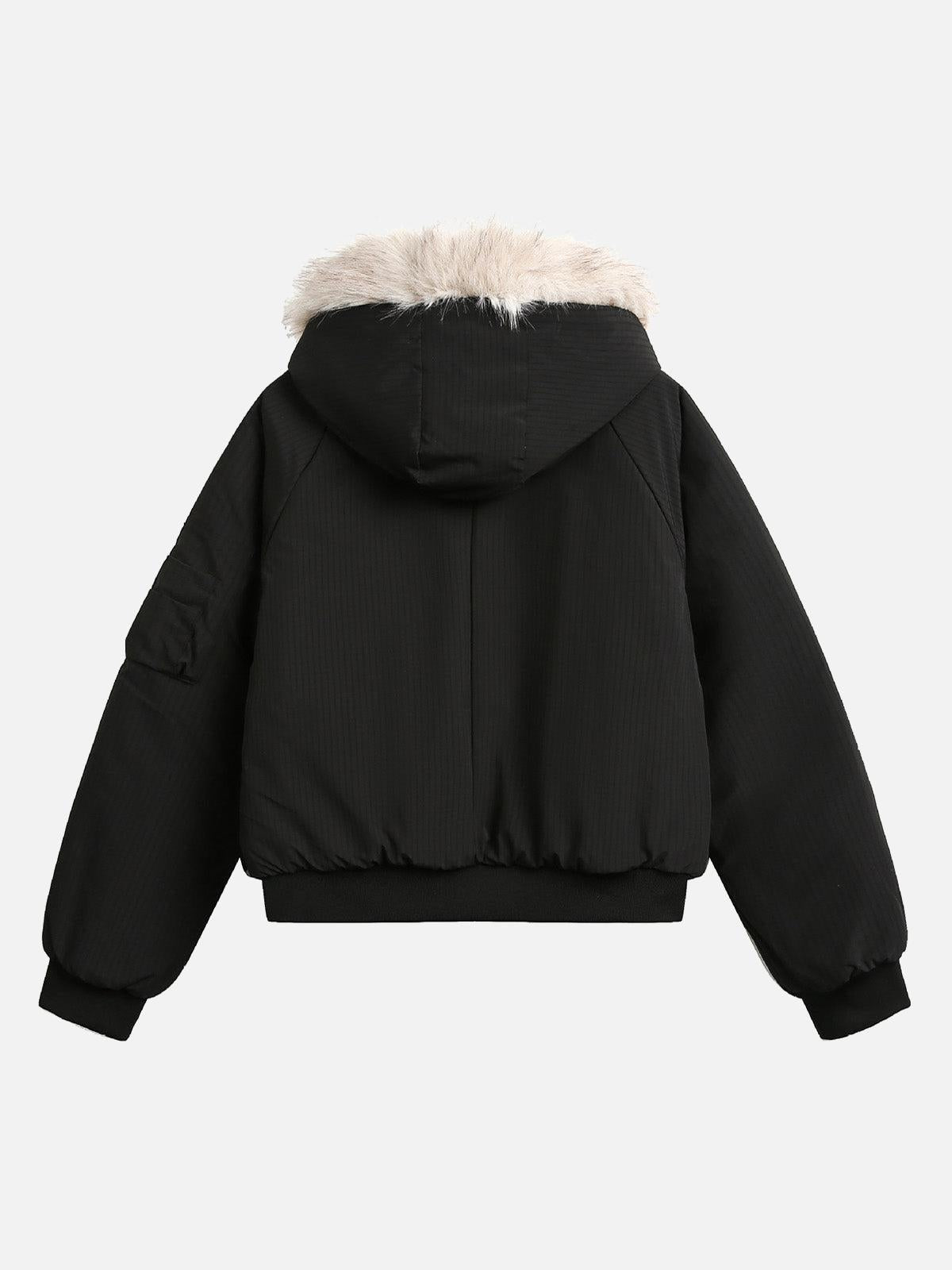 Omygoods Retro Fur Hooded Fleece Bomber Jacket