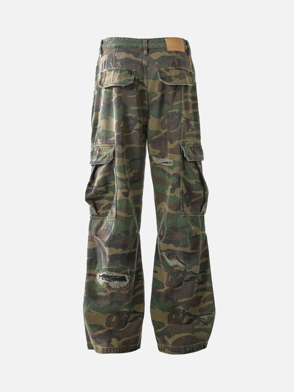 Omygoods Ripped Camouflage Flared Cargo Pants