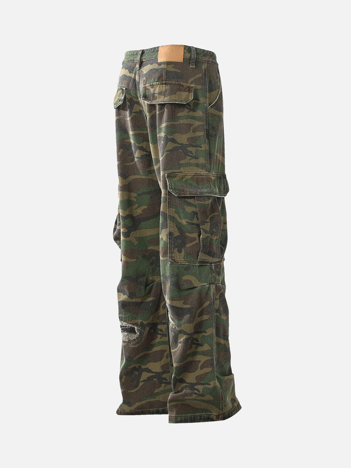 Omygoods Ripped Camouflage Flared Cargo Pants