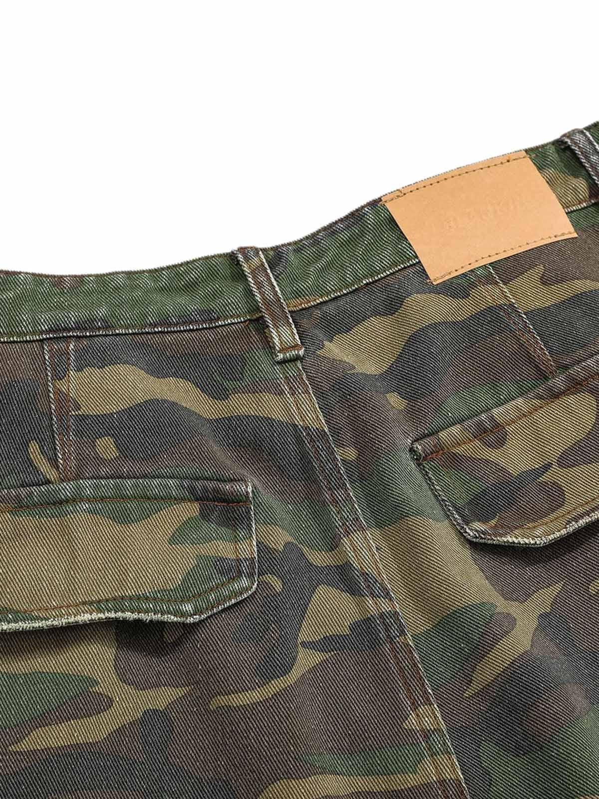 Omygoods Ripped Camouflage Flared Cargo Pants