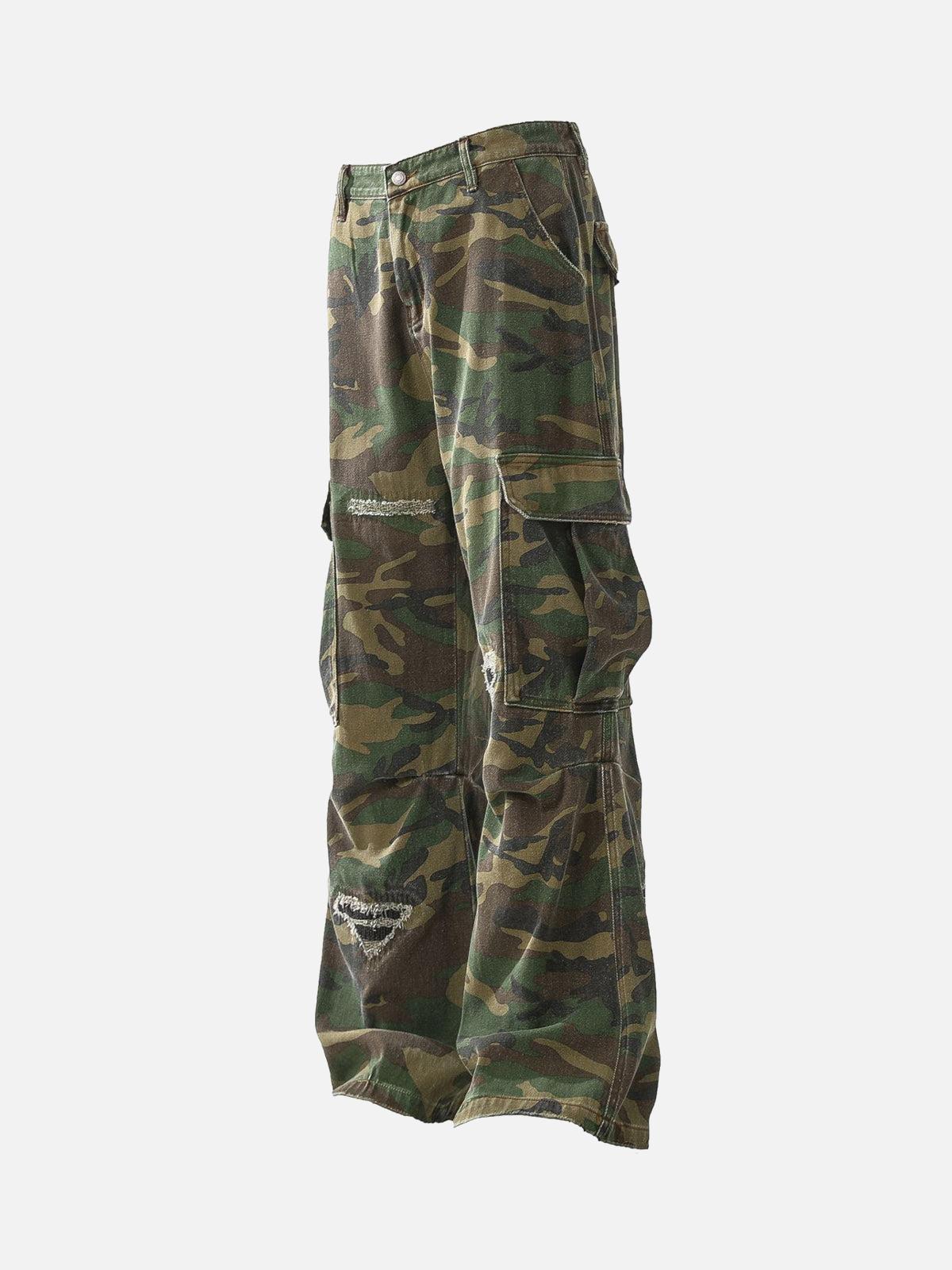 Omygoods Ripped Camouflage Flared Cargo Pants