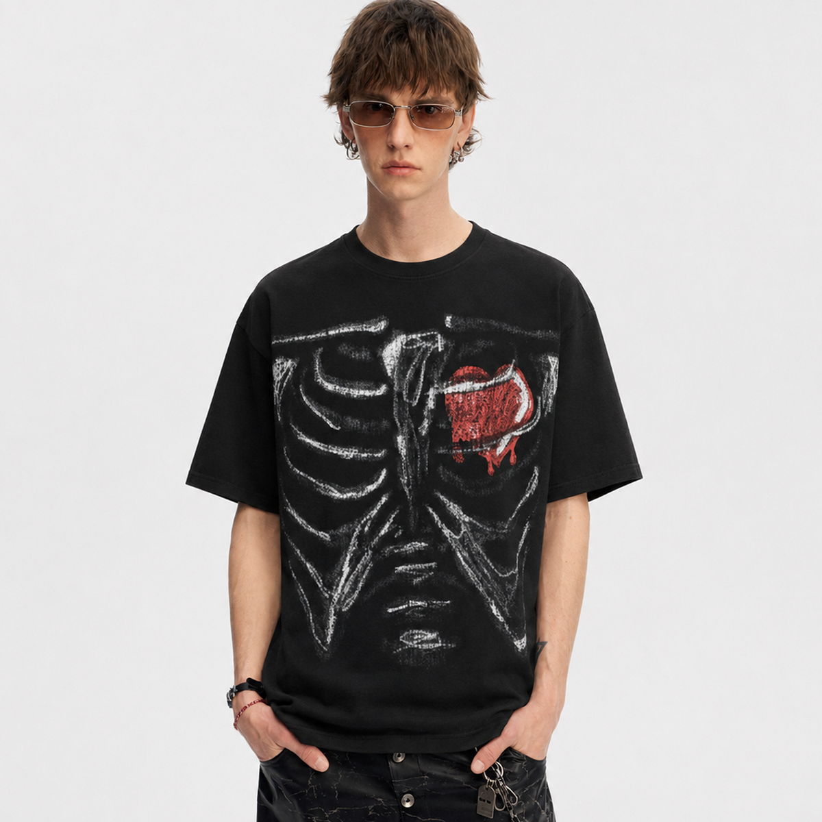 Skeleton & Melted Heart Graphic Waffle Knit T-Shirt - OMYGOODS