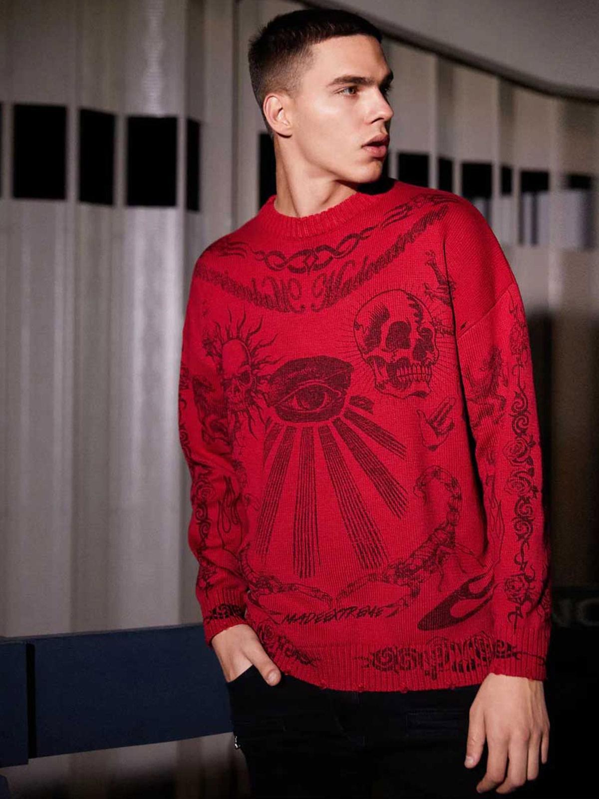 Omygoods Skull Print Distressed Sweater
