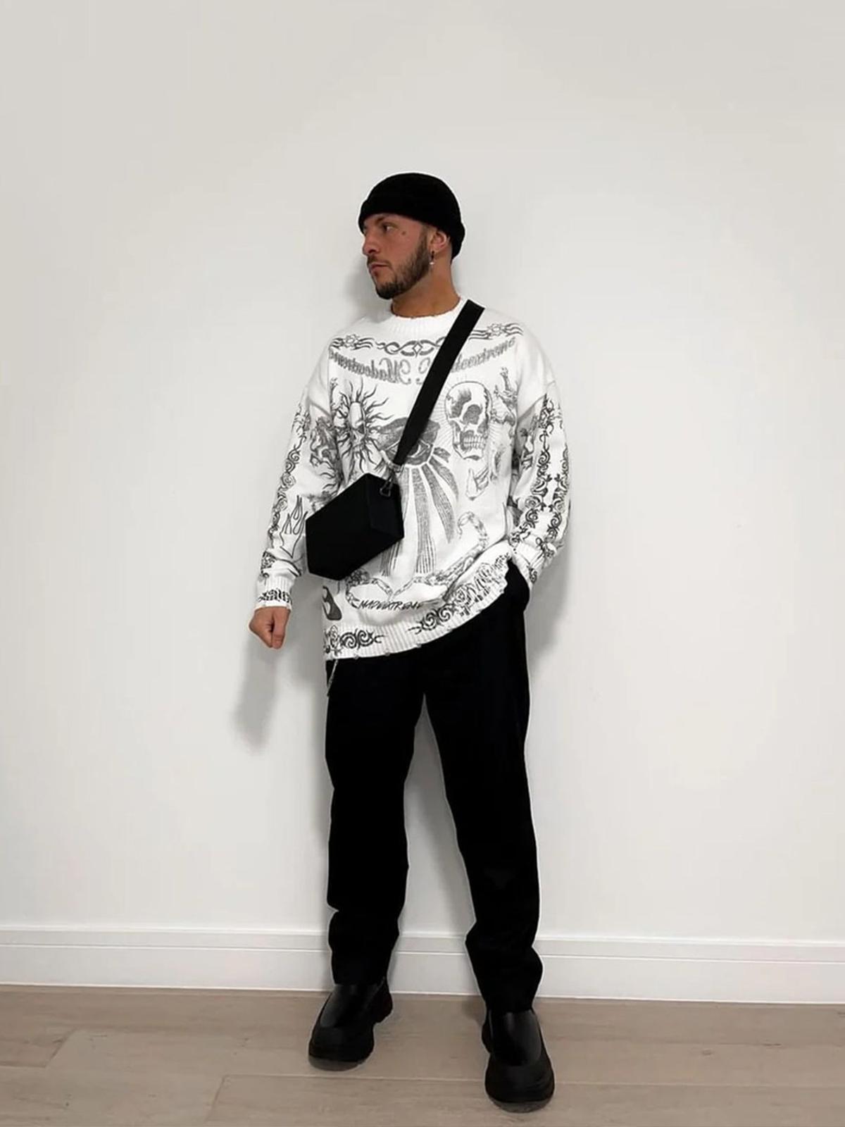 Omygoods Skull Print Distressed Sweater
