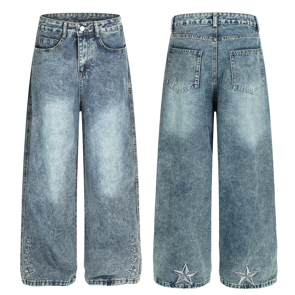Star Stitching Washed | Wide Jeans – Elevate Your Denim Game - OMYGOODS