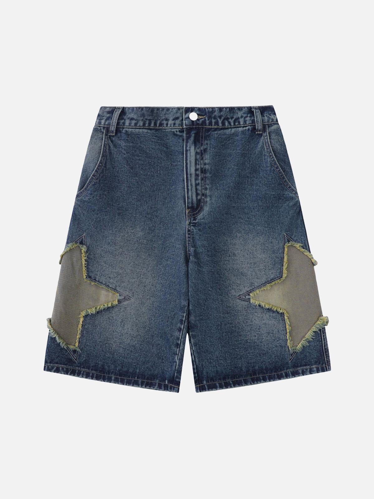 Omygoods Street Patchwork Star Embroidered Denim Shorts