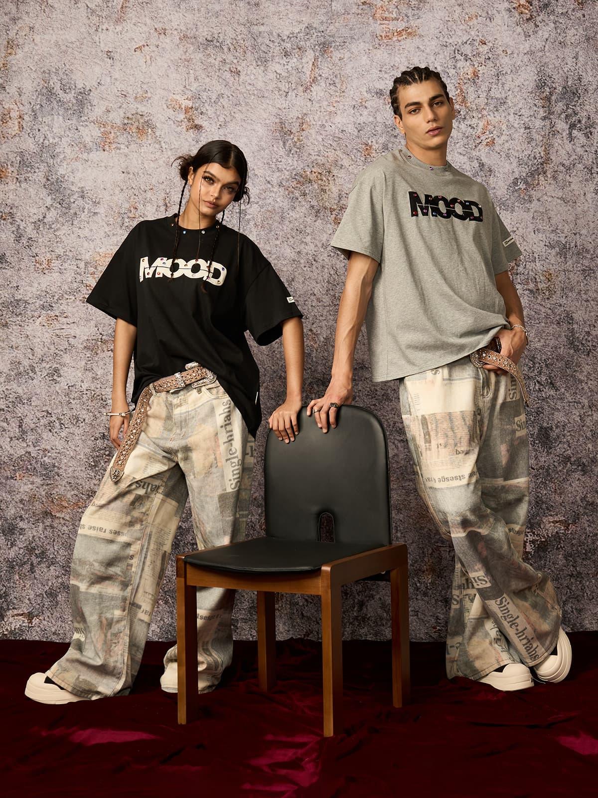 Omygoods Street Retro MOOD Patch Embroidered Rivet T-Shirt