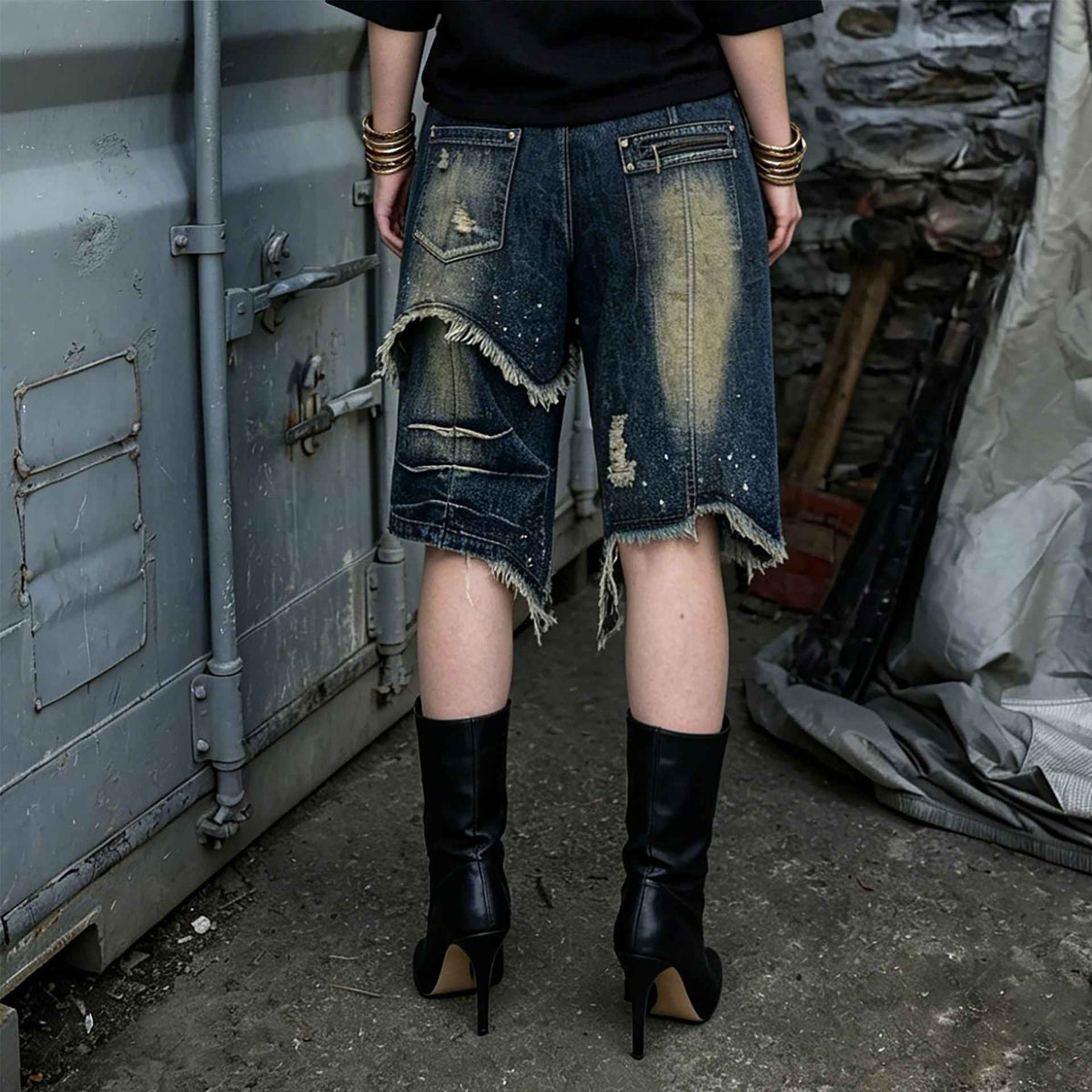 Street Style Asymmetric Frayed Hem Five-Pocket Denim Shorts