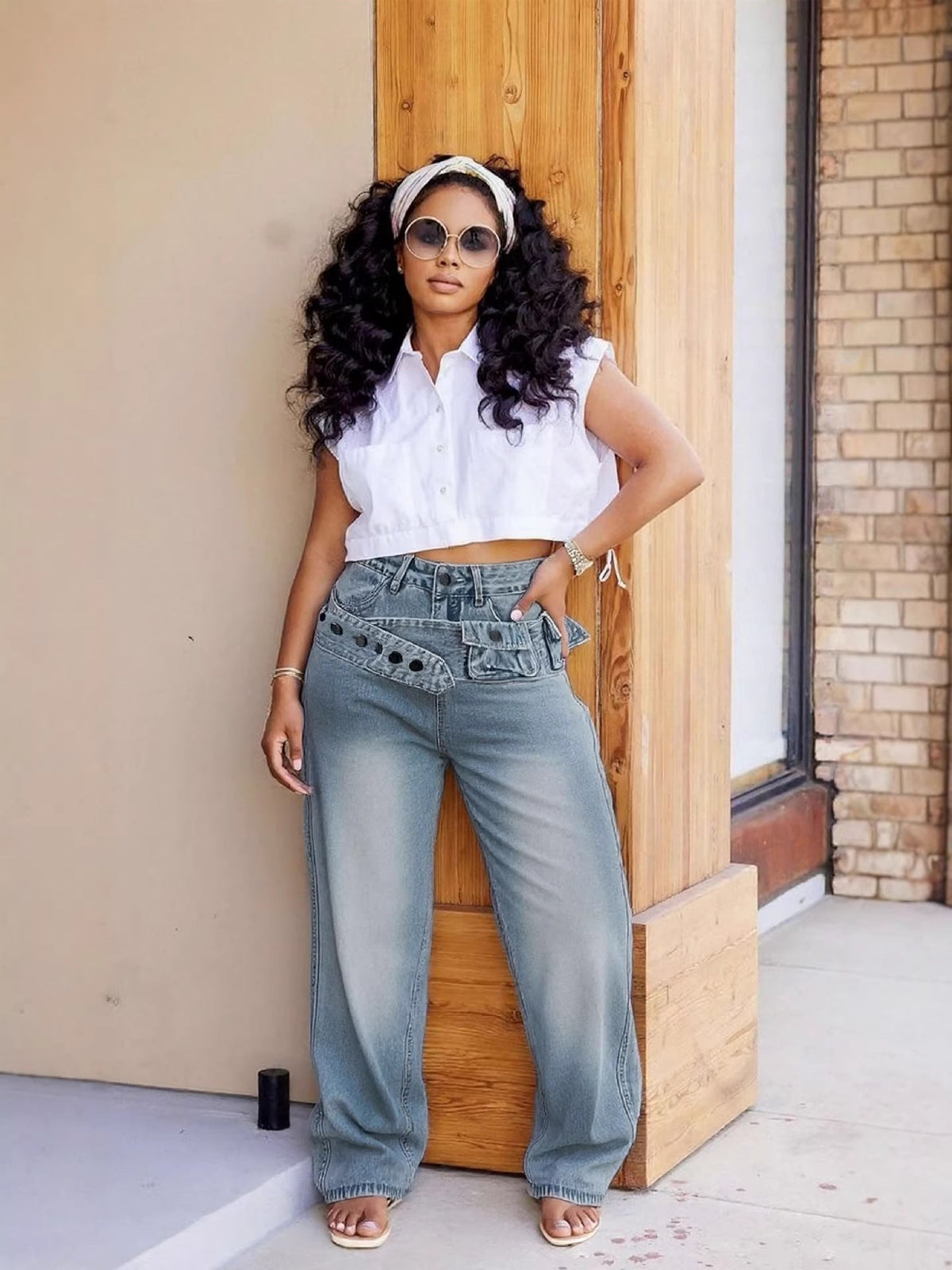 Street Style Detachable Multi-Pocket Belted Washed Distressed Denim Pants - OMYGOODS
