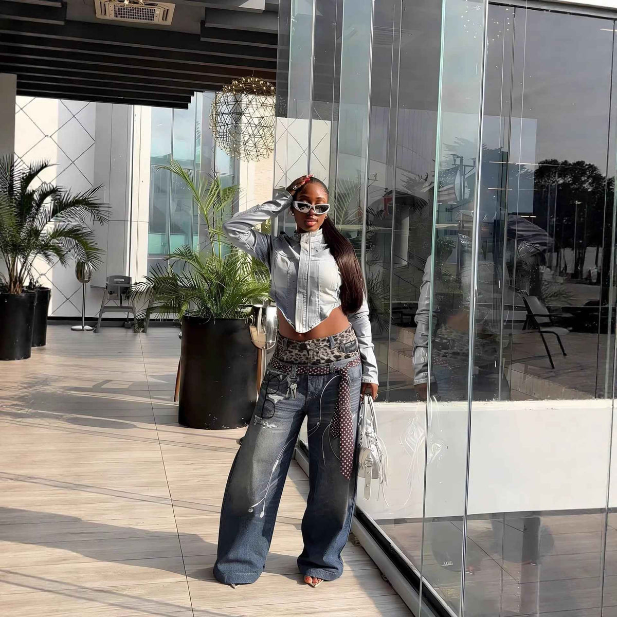 Street Style Fun Leopard Print 3D Printed Denim Pants with Double Waistband