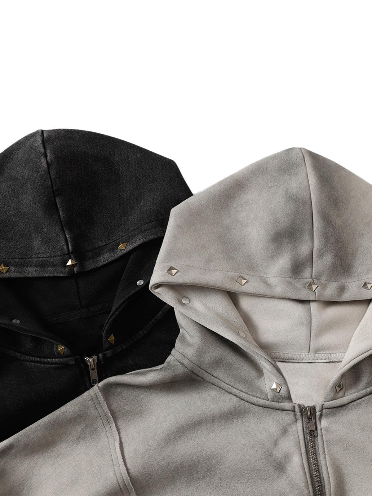 Omygoods Street Washed Distressed Stitching Rivet Hooded Jacket