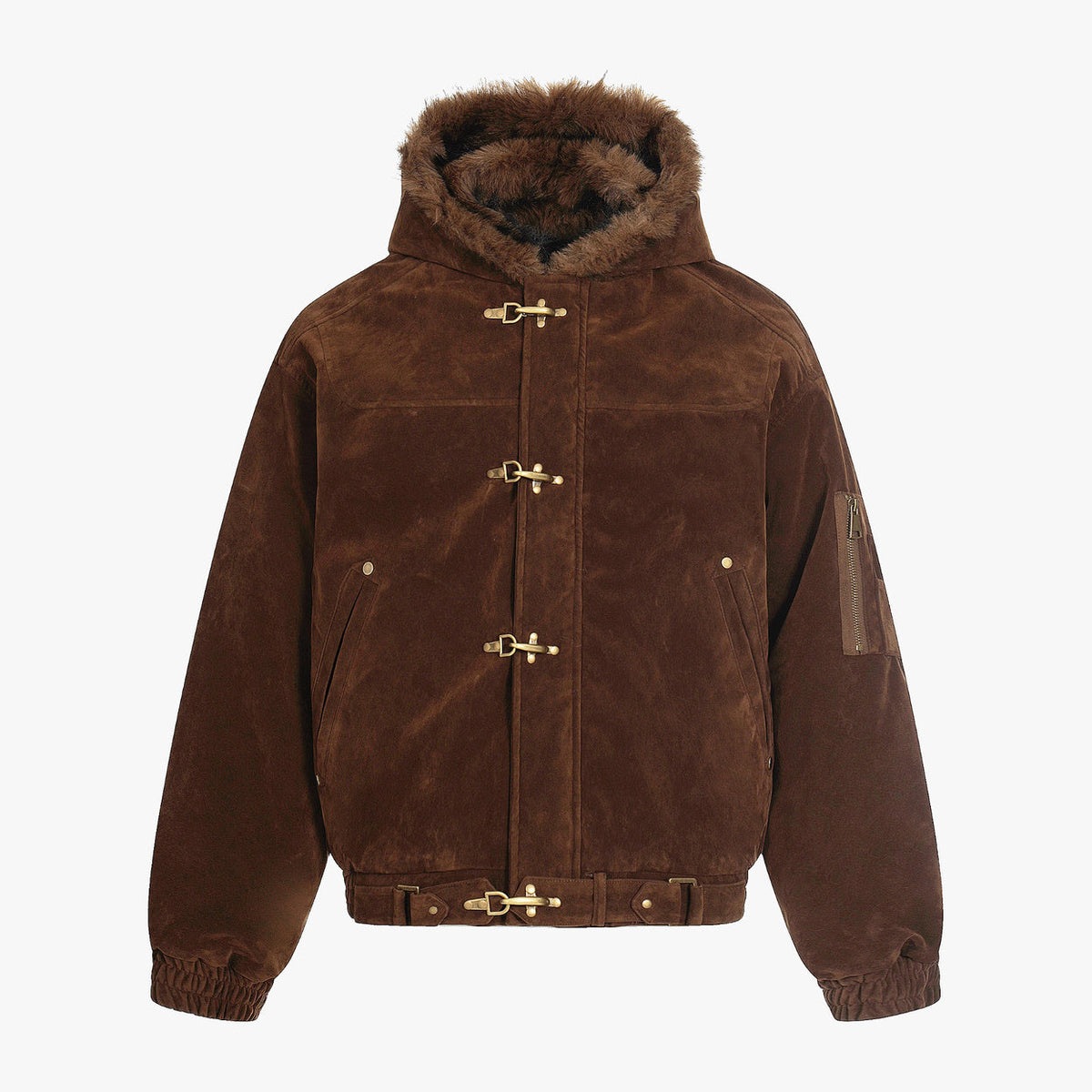 Streetwear Metal Clip Faux Fur Hooded Suede Bomber Jacket - OMYGOODS