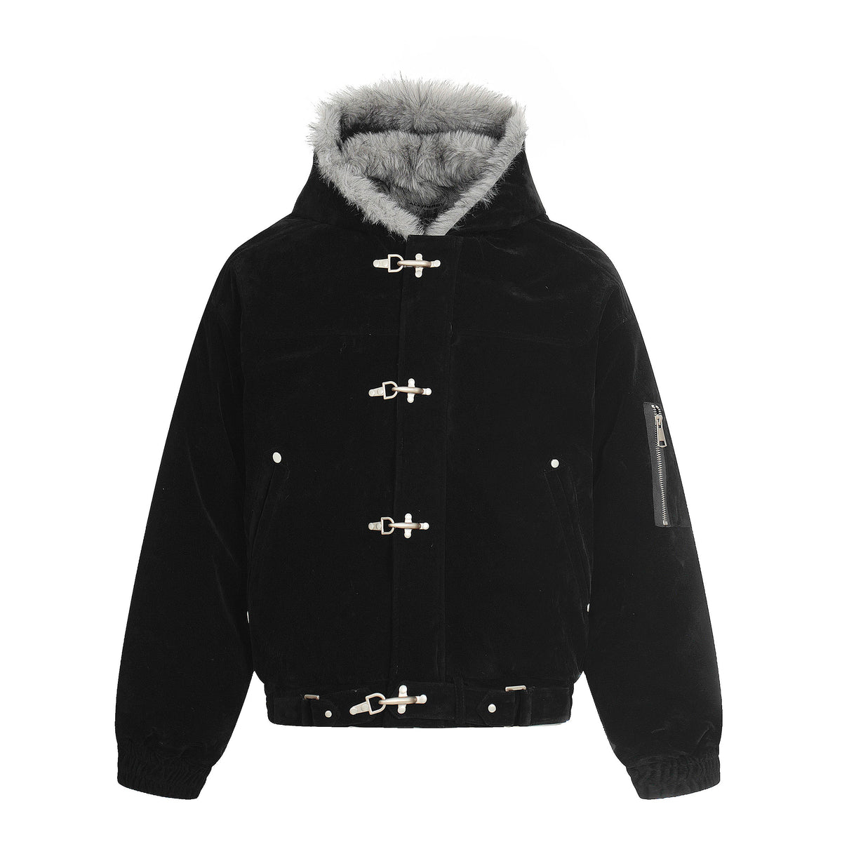 Streetwear Metal Clip Faux Fur Hooded Suede Bomber Jacket - OMYGOODS