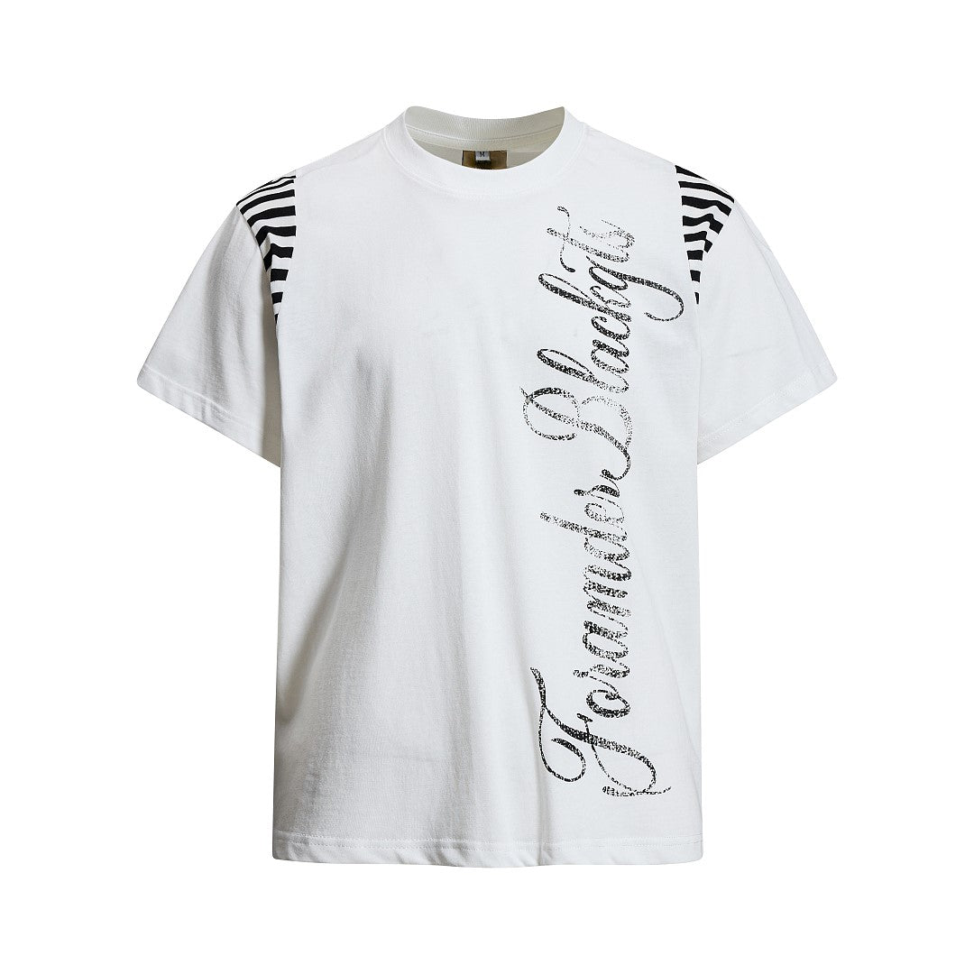 Streetwear Script Print Striped Patchwork T-Shirt - OMYGOODS