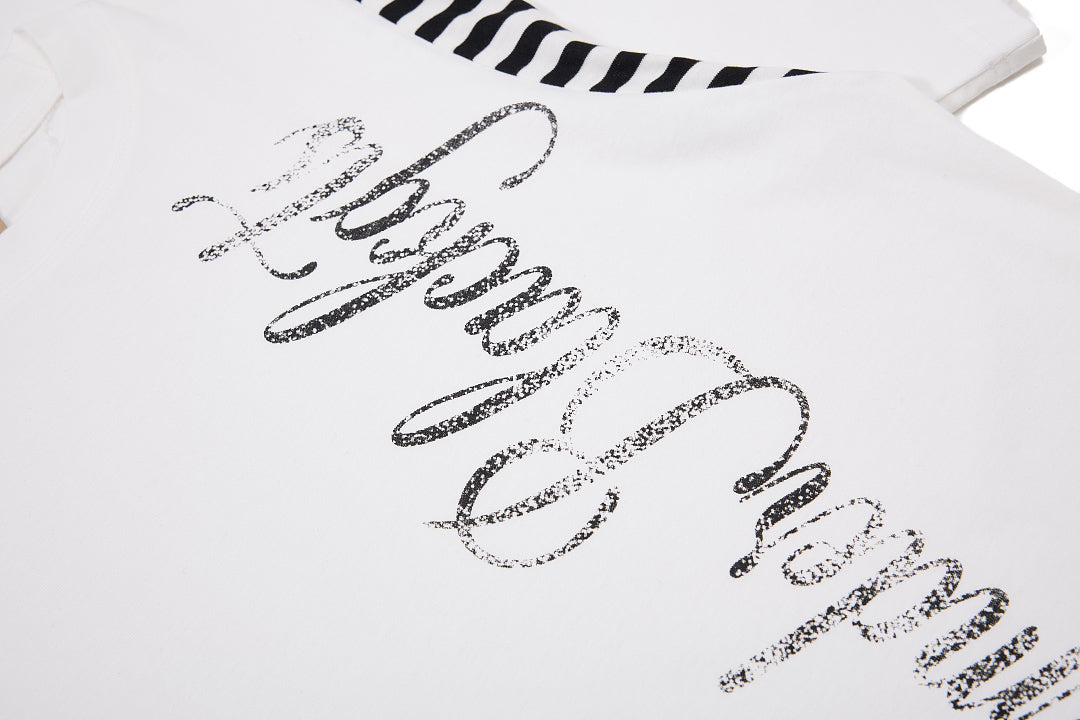 Streetwear Script Print Striped Patchwork T-Shirt - OMYGOODS