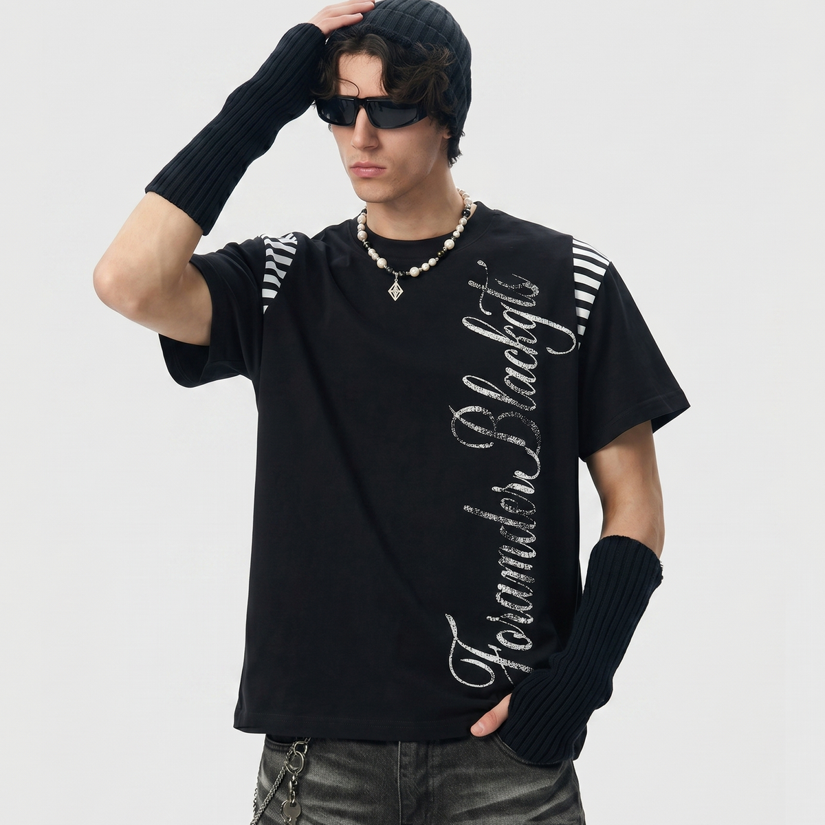 Streetwear Script Print Striped Patchwork T-Shirt - OMYGOODS