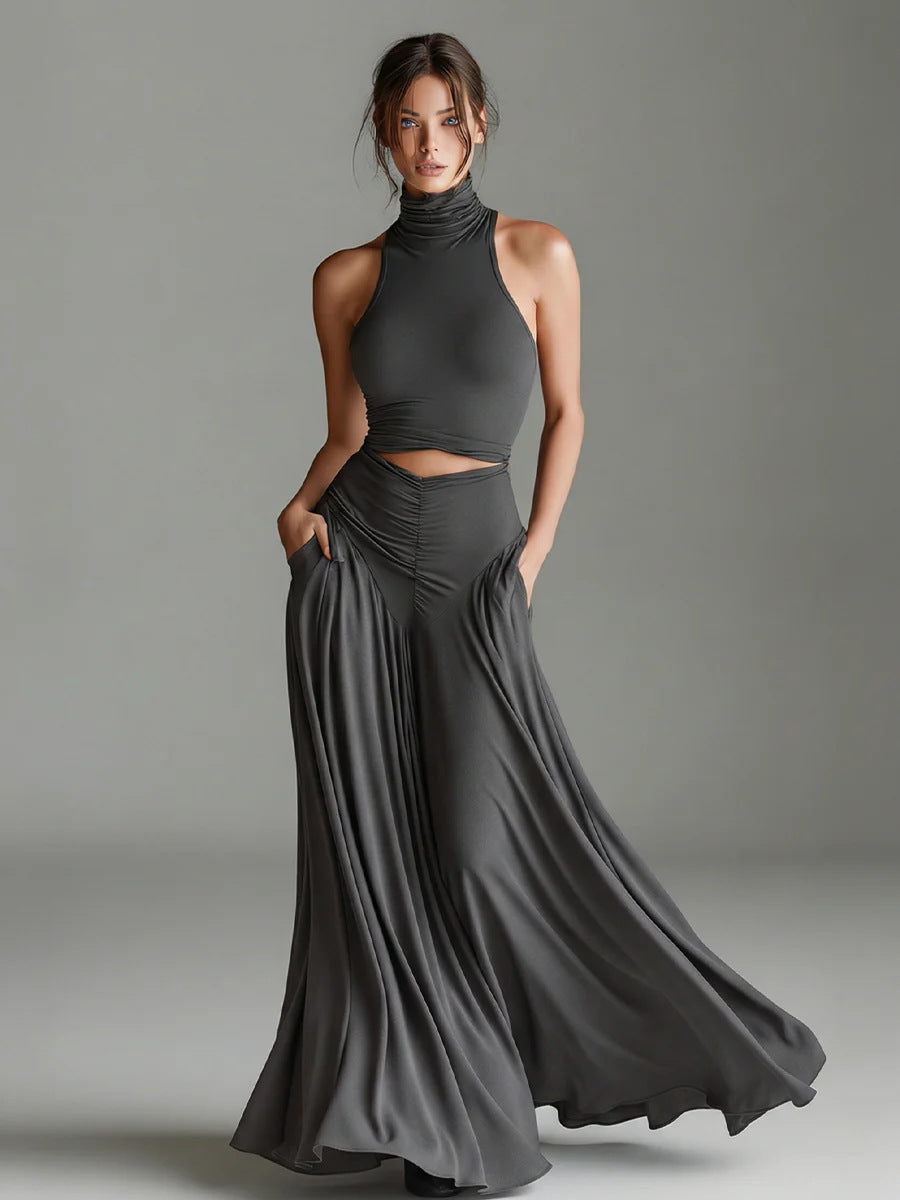 Style Sleeveless High Neck Top with Elegant Long Dress Two-Piece Set - OMYGOODS