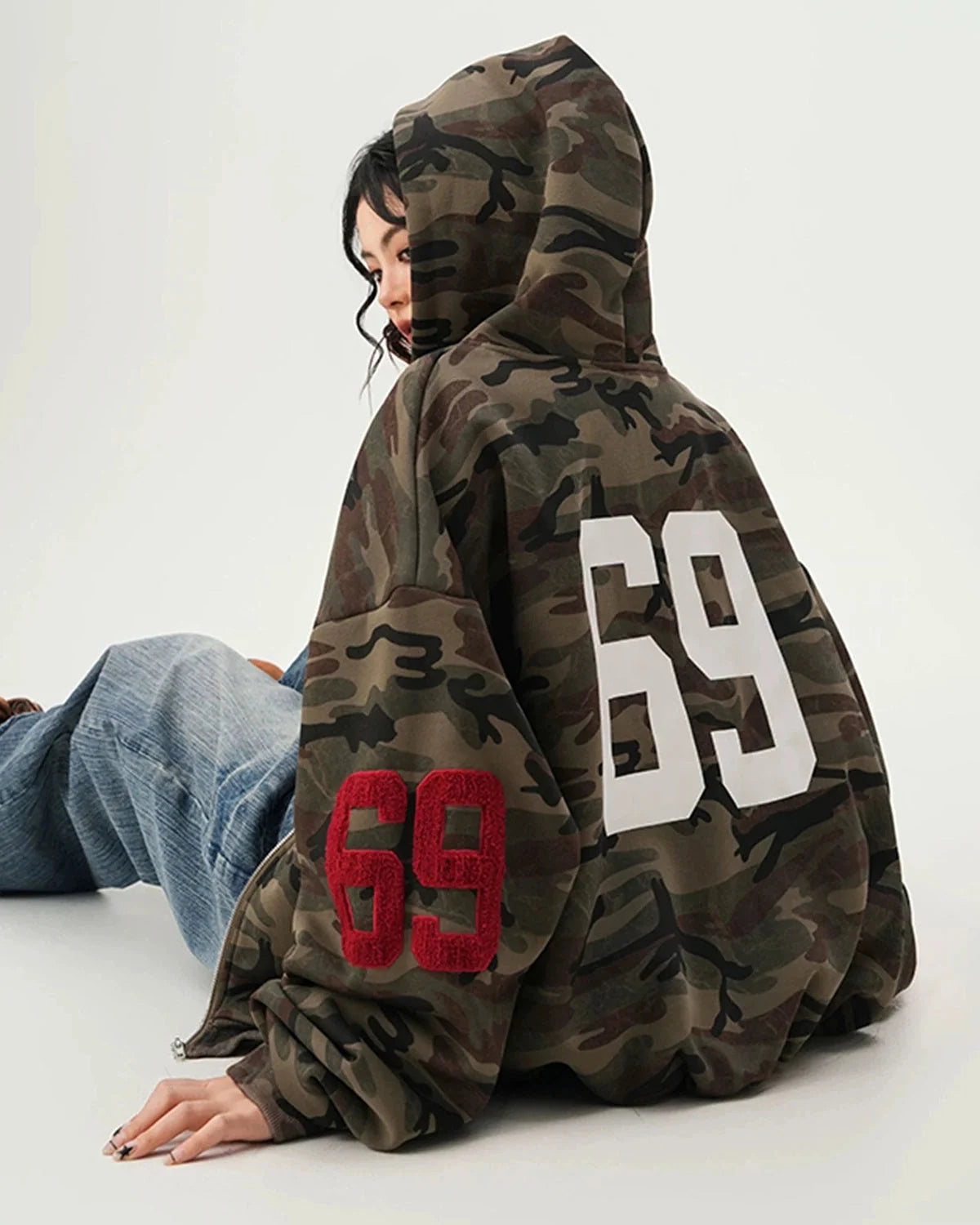 Omygoods 69 Applique Embroidery Camo Zip Up Hoodie