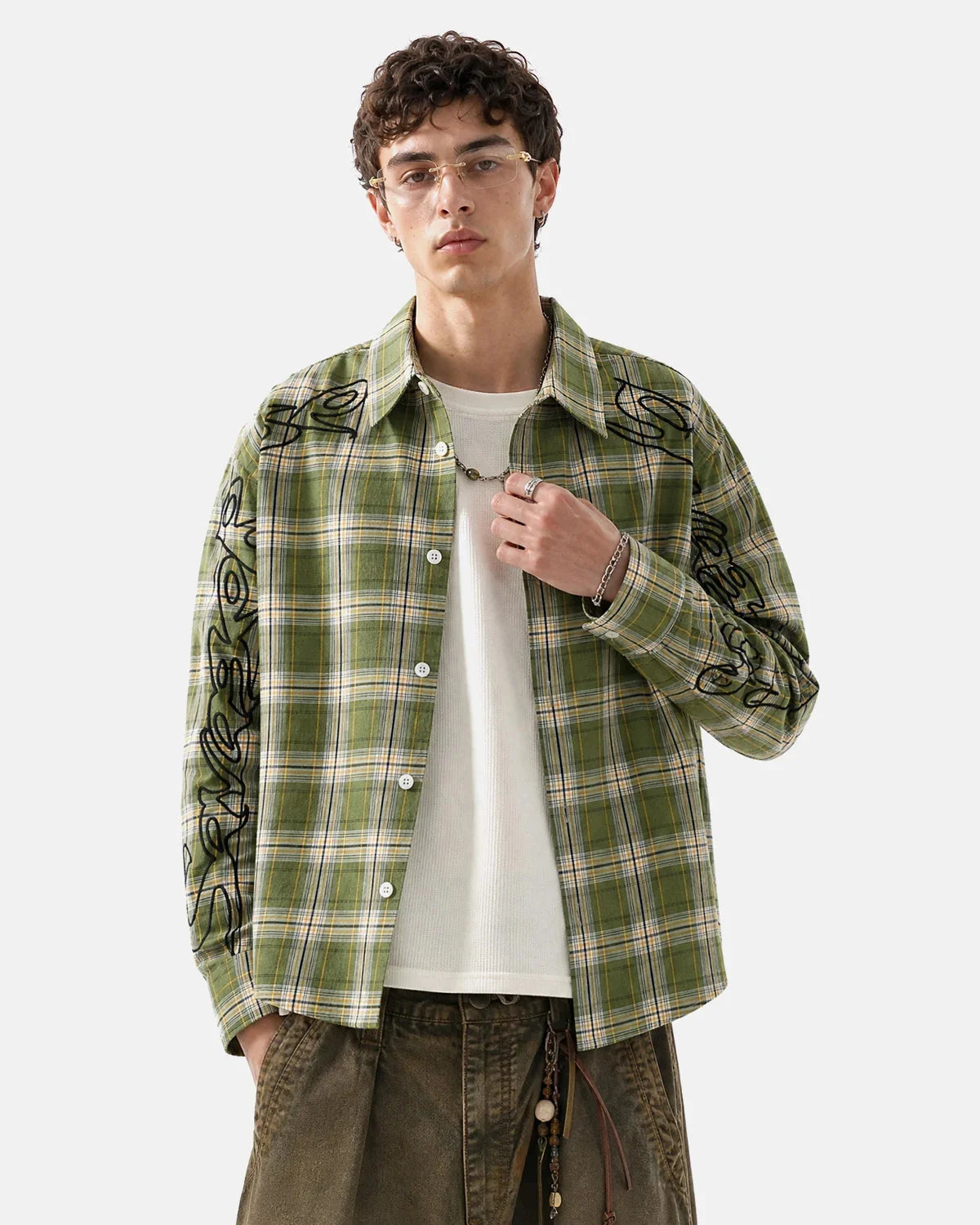Omygoods Abstract Line Plaid Shirt