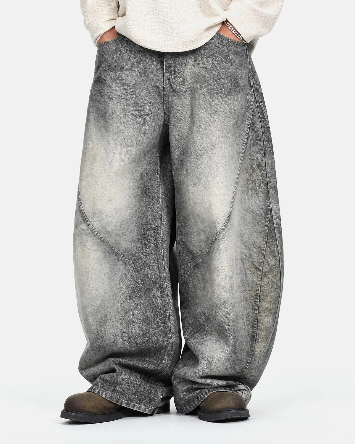 Omygoods Gray Acid Wash Barrel Jeans