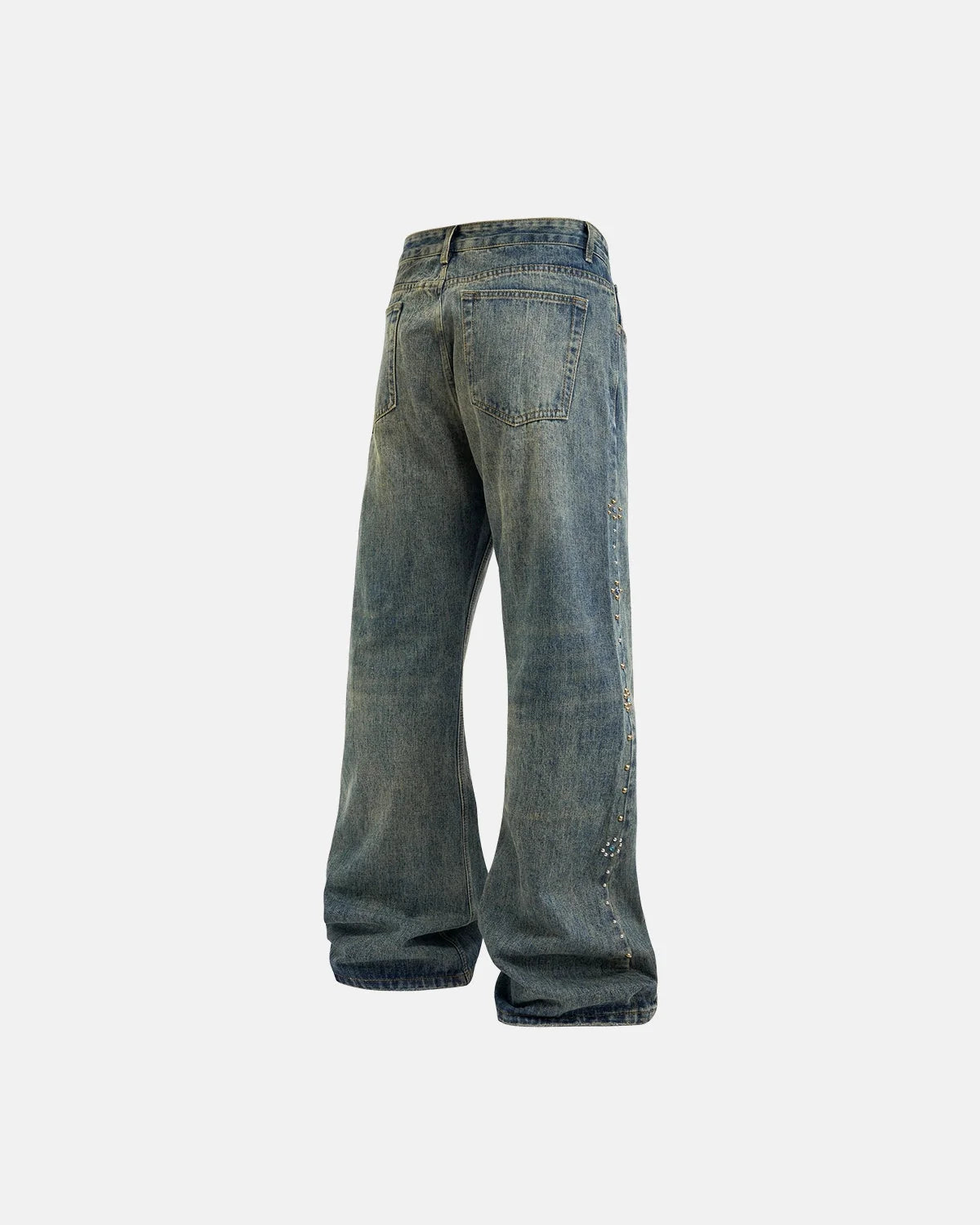 Omygoods Acid Wash Beaded Studded Flared Baggy Jeans
