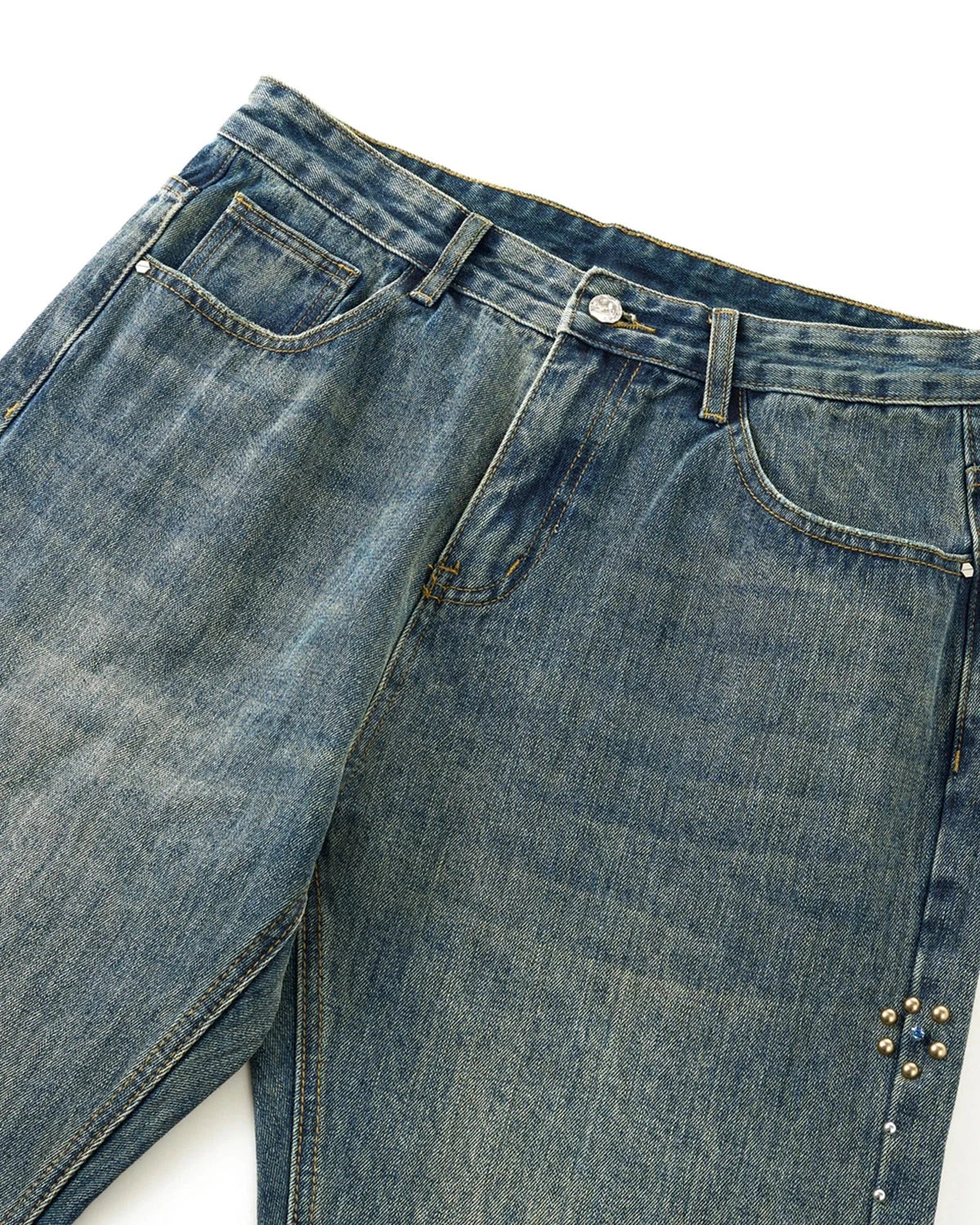 Omygoods Acid Wash Beaded Studded Flared Baggy Jeans