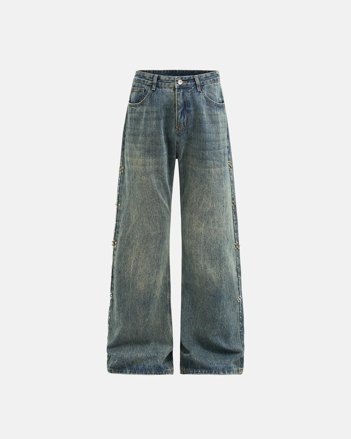 Omygoods Acid Wash Beaded Studded Flared Baggy Jeans