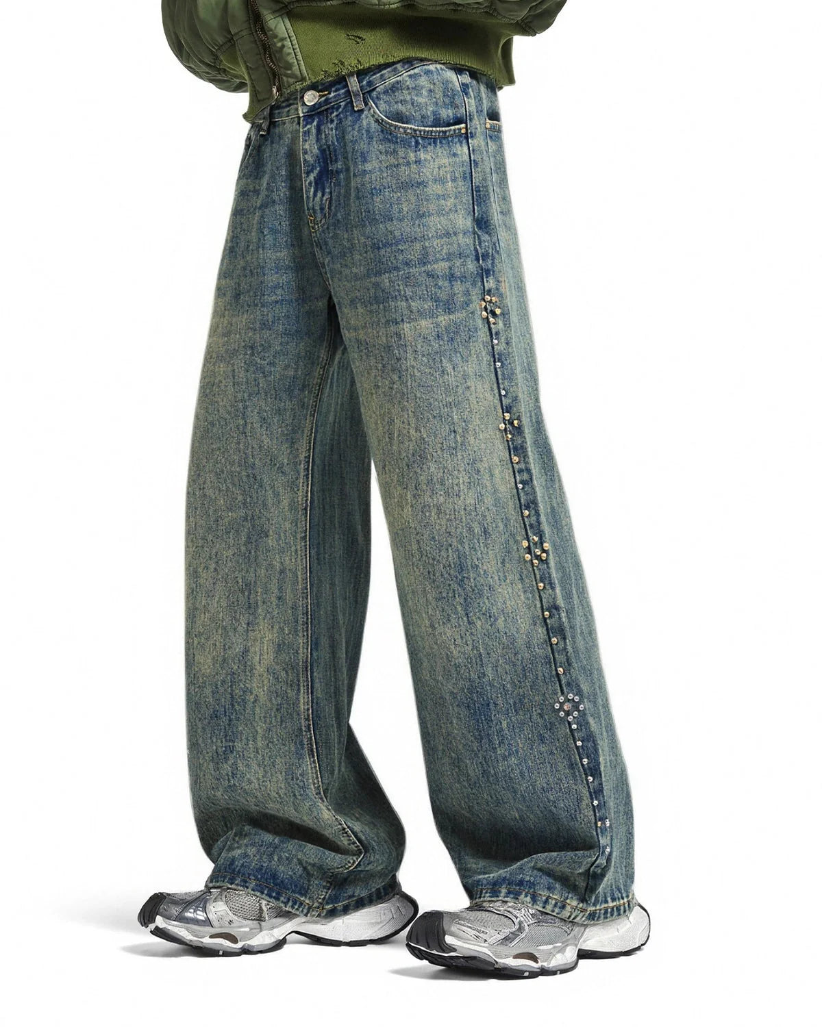 Omygoods Acid Wash Beaded Studded Flared Baggy Jeans