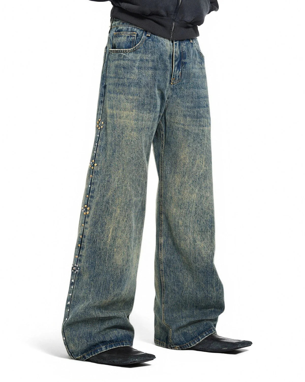 Omygoods Acid Wash Beaded Studded Flared Baggy Jeans