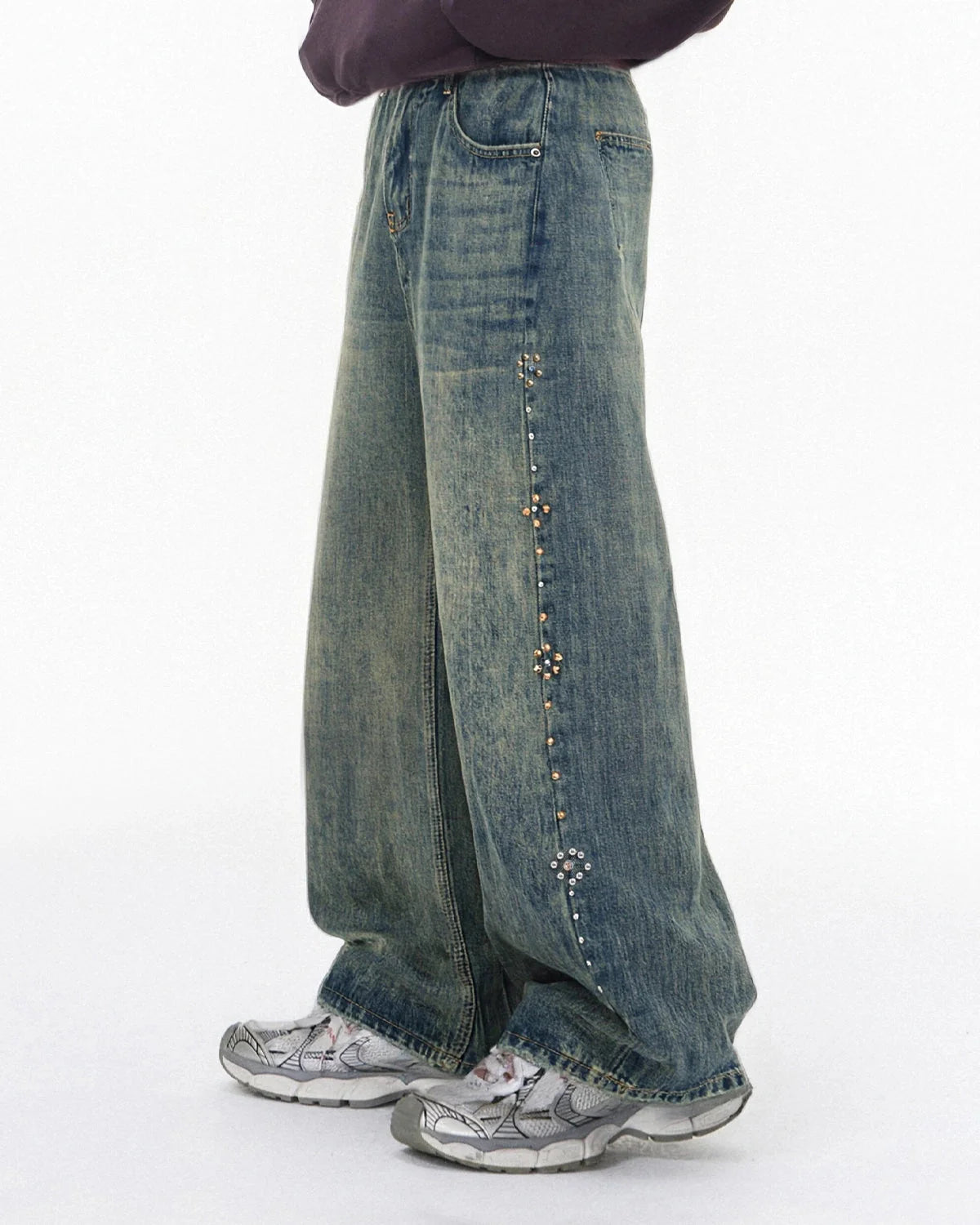 Omygoods Acid Wash Beaded Studded Flared Baggy Jeans